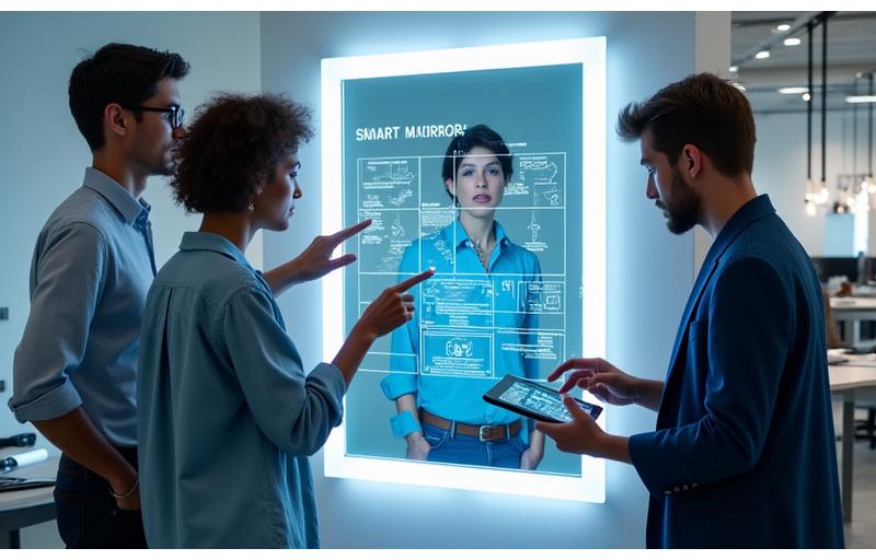 Komandos nariai dirba prie išmaniojo veidrodžio prototipo. simbolizuojantis inovacijas ir komandos darbą.