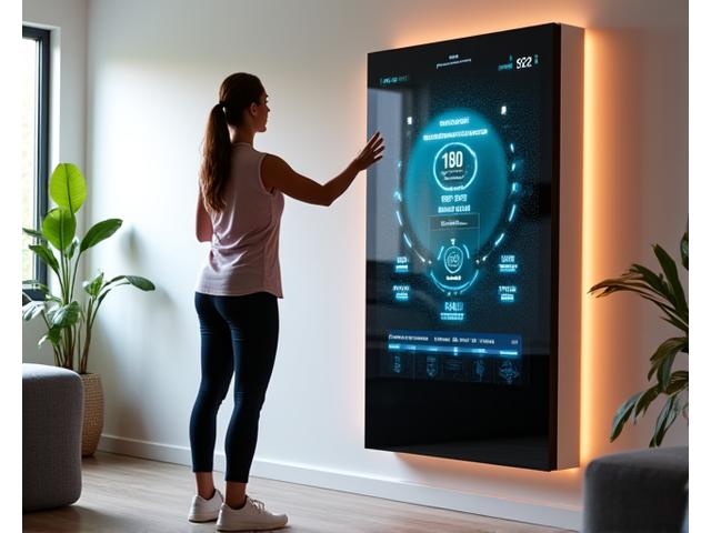 Žmogus, atliekantis pratimus priešais išmanųjį veidrodį. Vaizdas atspindi inovaciją ir gerovę su moderniomis technologijomis.