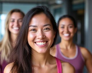 Grupė įvairių fitneso instruktorių šypsosi ir pasveikina