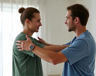 Moters atliekanti kineziterapijos pratimus su fizioterapeuto pagalba