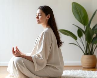 Asmuo medituojantis ramioje aplinkoje