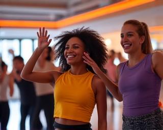 Žmonės šoka energingoje šokių pamokoje